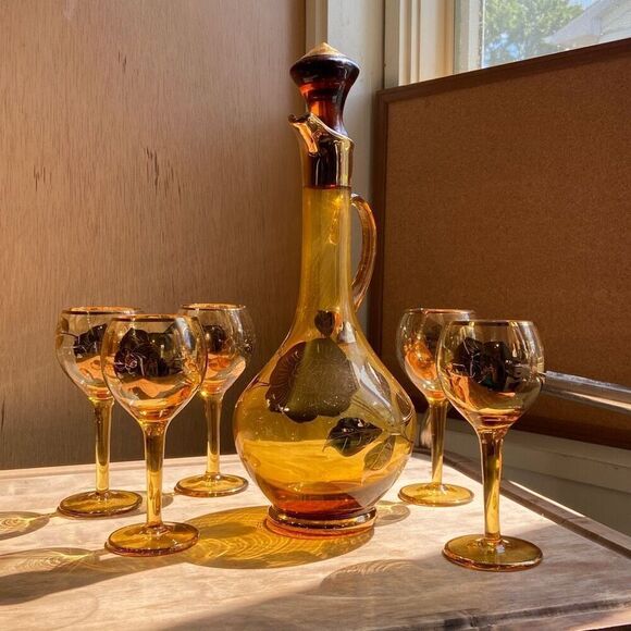 Vintage 50's Bohemian Amber Glass 22K Guilded Floral Rose Cruet Decanter & 5 Ste - Picture 1 of 10